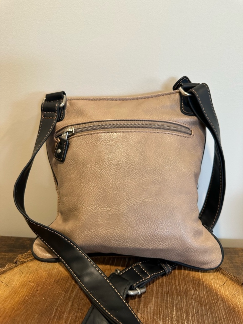 Taupe Crossbody Bag with Black Trim and Adjustable Strap - Picture 6 of 13